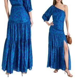 Veronica Beard Blue One-Shoulder top Tiered Maxi skirt with Puff Sleeve